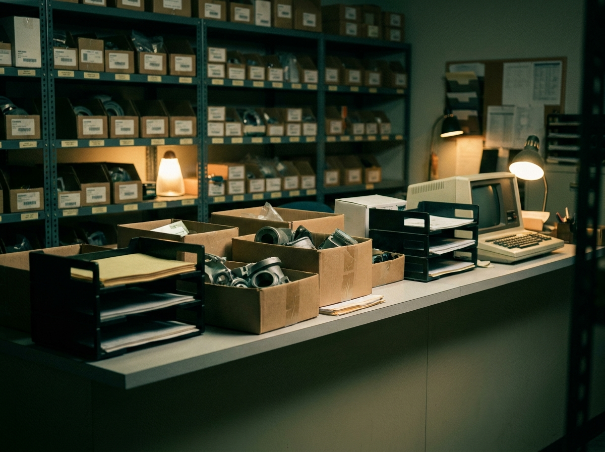 Trade counter with parts bins and an old terminal, representing AI for UK wholesalers and distributors